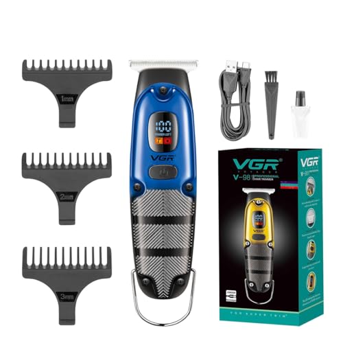 Image of VGR V-981 Professional Digital Display with Turbo function Rechargeable cordless Pro Self Haircut Hair Clipper Beard trimmer Hanging Loop Stainless steel Blades USB Charging cable 3 Guide Comb, Blue