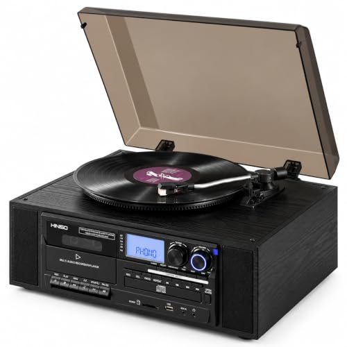 Image of HINISO T701 10-in-1 Vinyl Record Player with Bluetooth in & Out, CD, Cassette, FM /AM Radio, USB /SD Recording | Auto-Return 3-Speed Turntable with AT-3600L Diamond Needle, Remote & RCA