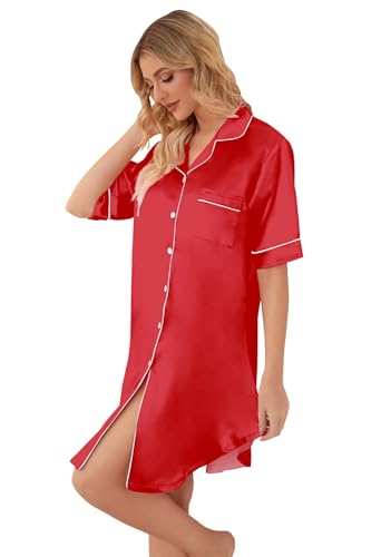 Image of Schbbbta Girls & Women Silk Nightgown, Short Sleeve Button Down Satin Nightshirt Pajama House Dress, 3 Years- Women 2XL