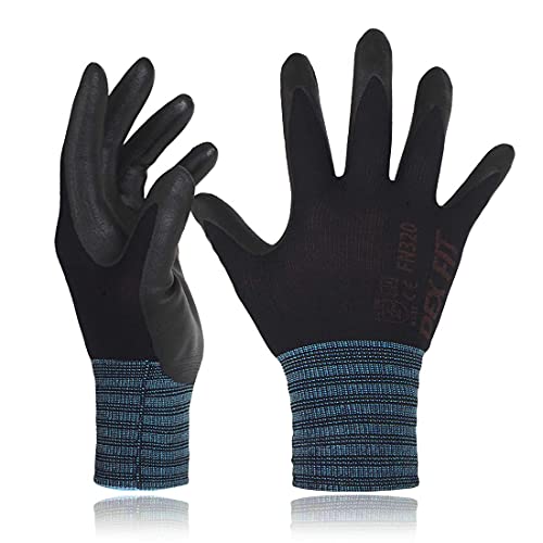 DEX FIT Nitrile Work Gloves FN320, 3D Comfort Stretch Fit, Power Grip, Durable Foam Coated, Thin & Lightweight Premium Nylon, Machine Washable, Black 8 (M) 1 Pair
