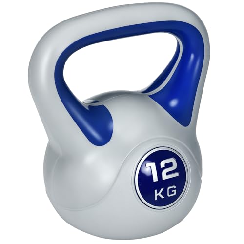 SPORTNOW Kettlebell 12kg in PU e Sabbia con Base Piatta e Impugnatura pratica per Stacchi, Squat e Sollevamenti, 24x17x28 cm, Blu