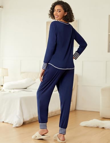 Image of Ekouaer 2 Pack Womens Pajama Sets Long Sleeve Lounge Sets Soft Pj Sleepwear Loungewear