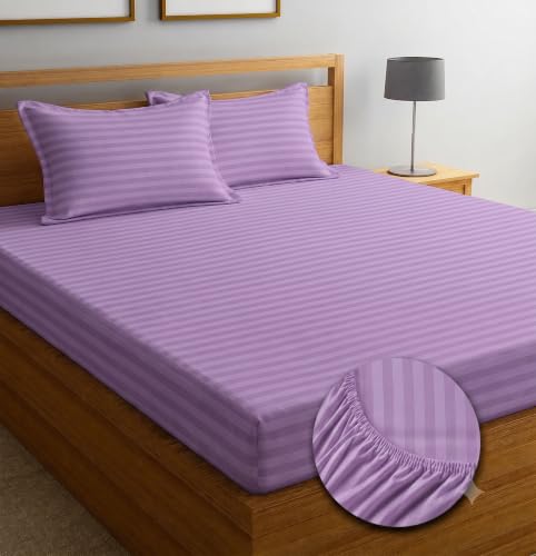Image of Satin Striped Glace Cottonelastic Fitted bedsheets Double Bed with 2 Pillow Cover| 72 x 78 Inch | Fits Up to 10 Inch | Soft & Smooth Hotel Collection | Breathable, Fade Resistant