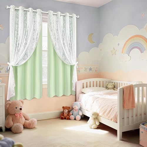 Image of Yinhua Double Layer Blackout Curtains for Bedroom Green Curtains for Living Room 63 Inch Length 2 Panels Set Kid Curtain with Tiebacks, Grommet Drapes with Floral Sheer Overlay, 52 inch W x 63 inch L