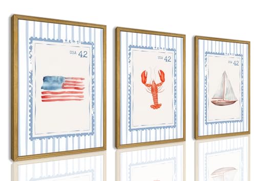 Wood Framed Blue Beach Stamp Set of 3 Canvas Poster