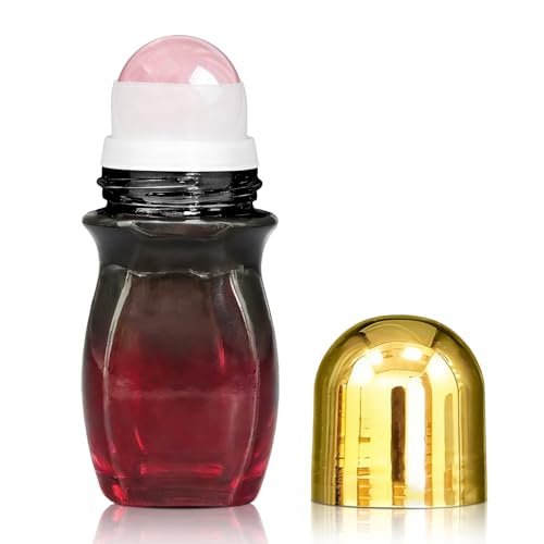 Warmify Rose Quartz Roller Waisted Bottles for Essential Oils,30ml Refillable Amber Glass Roll On Bottles with Natural Crystal Roller Balls, Leak-Proof Travel Perfume Bottle with Gold Caps