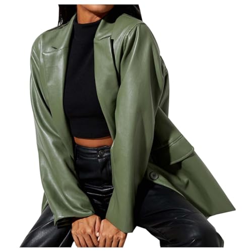 Chaqueta De Polipiel Mujer, Cazadora Polipiel Mujer Chaqueta Bomber Mujer Casual Sin Cremallera con Mangas Rizadas Abrigo De Motociclista Chaqueta Fina Mujer Abrigo De Cuero