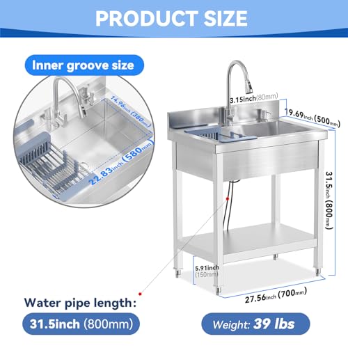 Image of Freestanding Stainless Steel Utility Sink with Retractable Cold and Hot Water Faucet,Hoses and Drain Kit for Kitchens, Bathrooms, Garage, Laundry Room