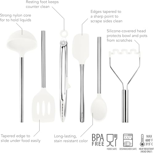 Image of Tovolo Silicone Cooking Utensil Set of 6 Stainless Steel Handle Ladle Slotted Turner Tongs Flex Core Spatula Scraper Mixing Spoon & Potato Masher, Dishwasher Safe BPA Free Utensils, White