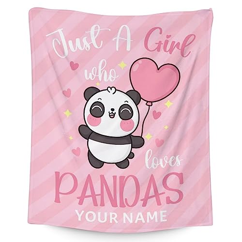 Personalized Panda Blanket Gifts with Name - 50"x60" Cute Throw Blanket for Kids, Adults - Pink Soft Fuzzy Blankets for Bed, Couch & Living Room