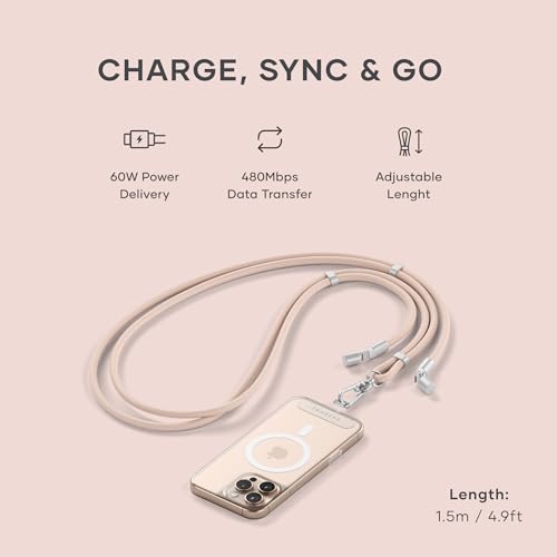 Image of Satechi OntheGo USB-C Lanyard Cable, 60W Fast Charging, 480Mbps Data Transfer, Built-in Crossbody Strap, Adjustable 1.5m / 4.9ft Braided Cord, USB-C to USB-C Cable for iPhone, Android - Desert Rose