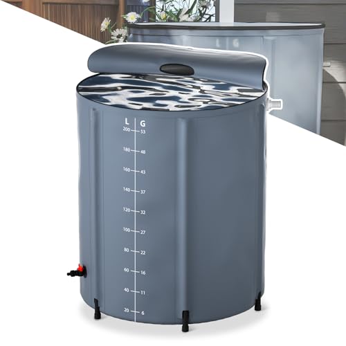 NAIZY Serbatoio dell'acqua piovana pieghevole da 200 litri con copertura protettiva in PVC e 6 aste di supporto e valvola di scarico e scala graduata, colore grigio 50 gallone