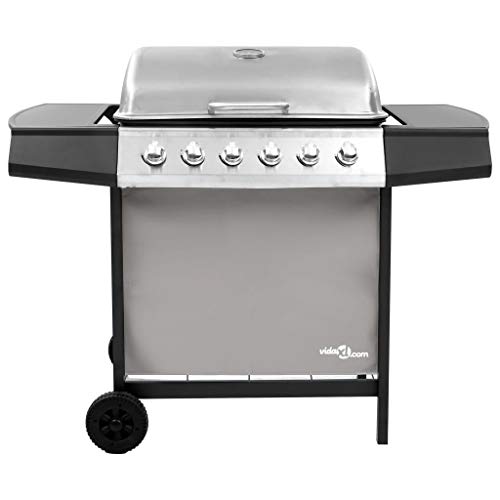 Festnight Gas BBQ Grill with 6 Burners, with Side Table, BBQ Cover and Wheels Black and Silver