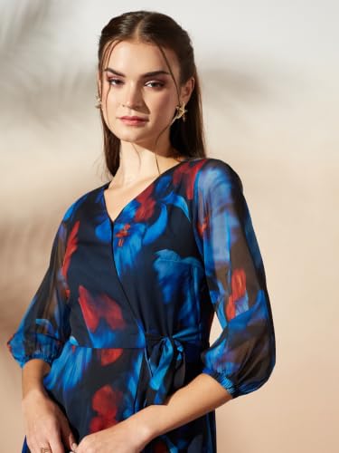 Image of Miss Chase Women's Multicolored Black Floral V-Neck 3 /4 Sleeve Wrap Chiffon Midi Dress