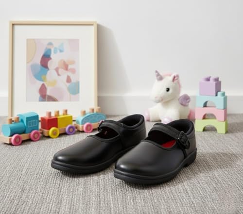 Image of Girls School Shoes, Black Leather, Adjustable Buckle Strap, Anti-Slip Sole, Cushioned Footbed