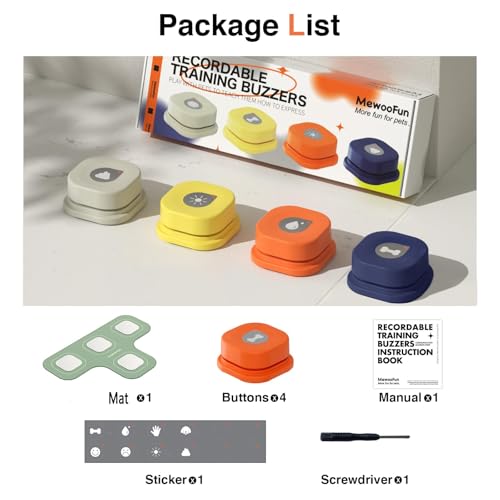 MEWOOFUN Hundeknöpfe Trainingsklicker mit Sprachaufzeichnung für das Hundetraining mit Matte und DIY-Aufklebern – Haustier-Befehlssummer für Hunde und Katzen (4 Pack)