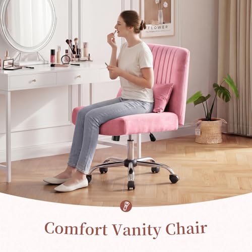 Image of Warmiehomy Velvet Criss Cross Desk Chair with Wheels, Luxury Cross Legged Office Chairs for Home Office, Swivel Wide Seat Vanity Chair, Armless Adjustable Height Gaming Chair Gift, Dusty Rose
