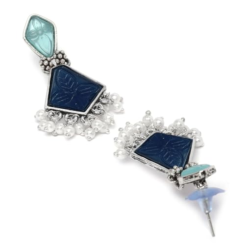 Image of Karatcart Silver Tone Diamond Shape Pink and Blue Carved Stone Studded Drop Earrings for Women