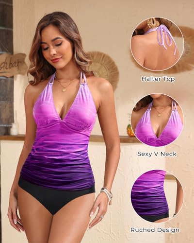 Image of Yonique Womens Two Piece Swimsuits Tummy Control Tankini Plus Size Bathing Suit Halter V Neck Swimwear
