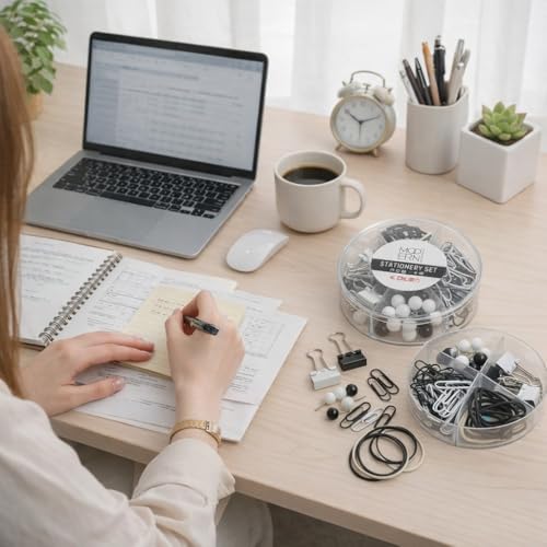 Image of AccuPrints Stationery Set with 50 Push Pins, 8 Paper Clips, 80 Binder Clips (Black)