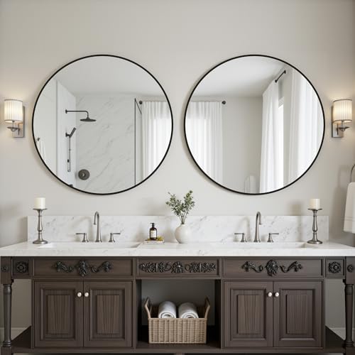 Antok 30 Inch 2PCS Round Mirror for Wall, Round Bathroom Mirror, Circle Wall Mirrors with Black Metal Frame, Circle Mirrors Suitable for Wall, Bathroom, Vanity, Living Room, Entryway