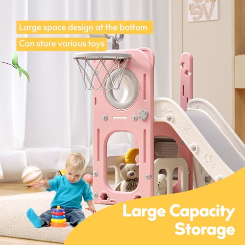 6 in 1 Toddler Playset with Slide,Toddler Slide,Slide for Kids with Basketball Hoop,Ball,Ring Toss,Kids Slide Toddler Playground Toddler Slide Indoor Outdoor Toys - Image 6