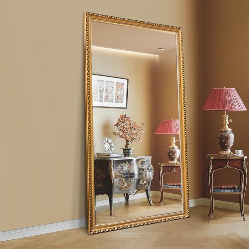 Niccy Full Length Mirror 71'32' Solid Wood Frame Floor Mirror, Full Body With Standing Holder, Leaning Against Wall or Wall Mounted for Bedroom, Living Room, Dressing - Gold