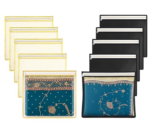 Image of Lify transparent Saree Covers /Saree Bags /Storage Bags /Clothes Covers with Zip Lock Combo (Suitable for Single Saree Pack)- Black, Grey & Golden Color (Black 5pcs + Golden 5pcs)