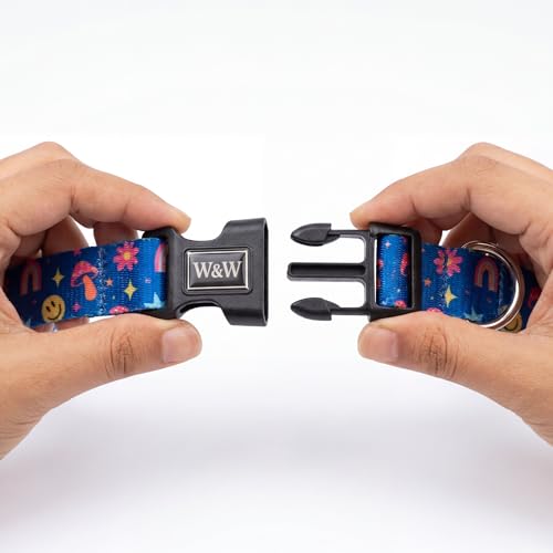 Image of Wag and Wilder Heavy Duty Adjustable Dog Collar for Small Dogs - Quick Release Buckle & Metal D-Ring (Groovy Trails Blue)