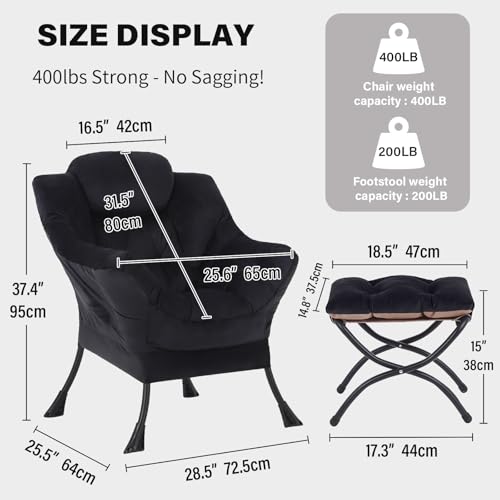 Image of Tiita Lazy Chair with Ottoman, Black Modern Large Accent Chair, Comfy Leisure Sofa Armchair with Ottoman, Reading Chair with Footrest for Bedroom, Living Room, Dorm Rooms, Velvet Black