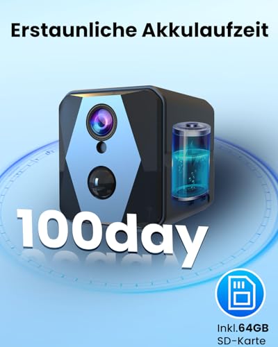 aidowocam Mini Kamera 4K Kamera Überwachung Innen mit 64G SD WLAN Überwachungskamera Innen,WiFi Camera Live Übertragung Handy APP Für Lange Standby Akku Kamera,Bewegungsmelder Nachtsicht