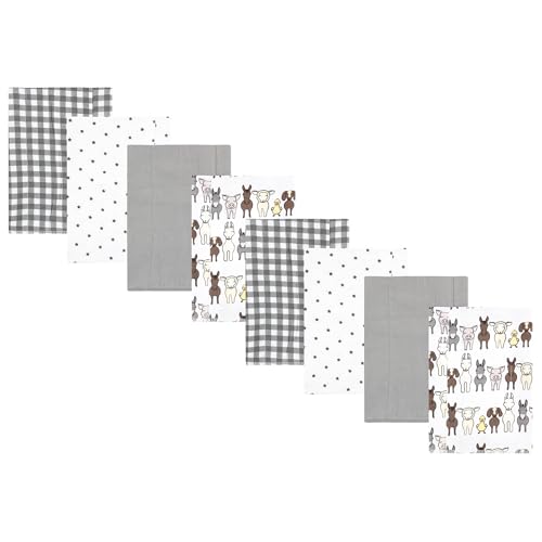 Image of Hudson Baby Cotton Poly Flannel Burp Cloths Multipack, Farm Friends Grey 8-Pack, One Size