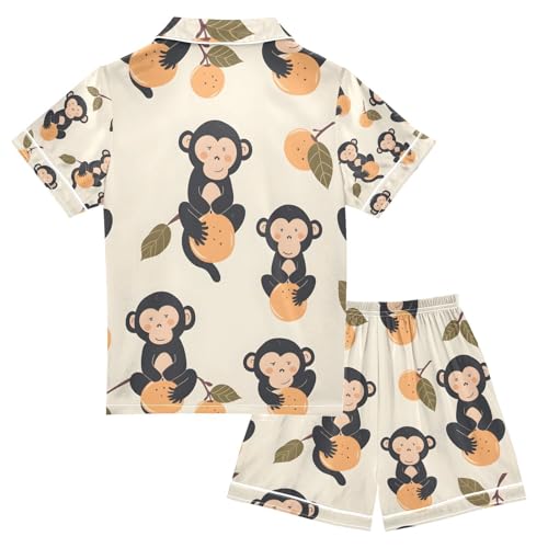 senya Monkey Peach Satin Summer Pajama Sets Silk Short Sleeve Button Down Sleepwear2