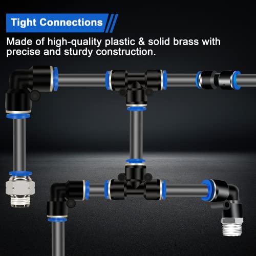 Daptemn 40 Pcs Air Line Quick Connect Fittings, 1/4" 3/8" 1/2" Push To Connect Fittings Replacement Air Fittings 1/4 3/8 1/2 Inch Od Npt Thread Elbow Tube Tee Straight Union Air Hose Connectors #TOP6