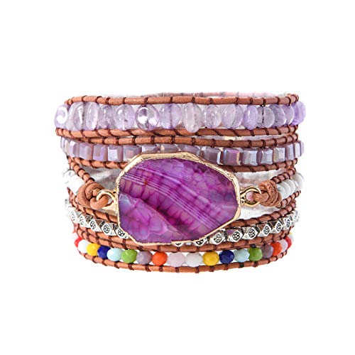YGLINE Wrap Bracelets Agate Beaded Bohemian Style Leather Woven Healing Stone Jewelry for Women(Agate 2)