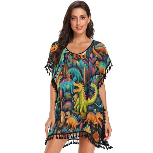 KAAVIYO Colorful Cartoon Dinosaurs Women's Beach Cover Up Chiffon Tassel Swimwear Swimsuit Coverups for Girl