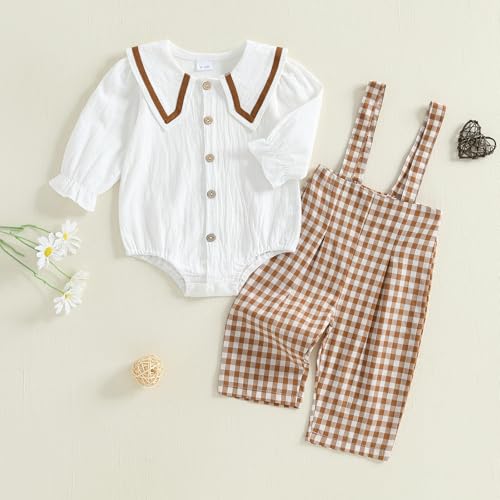 Newborn Baby Girl Clothes Button Linen Button Long Sleeve Romper Plaid Overall Pants Fall Winter Baby Girl Outfit4
