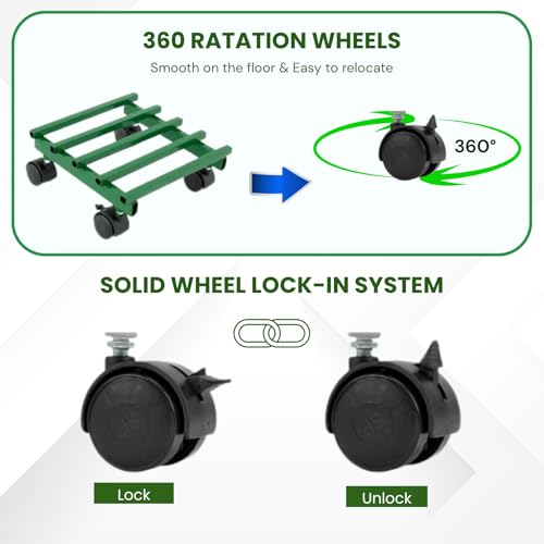 Image of Square Rolling Plant Stand, Heavy Duty Metal Planter Holder with Wheels, Rust-Proof Indoor Outdoor Plant Stand for Balcony Garden Home, Mobile Pot Caddy (Green, Pack of 2)
