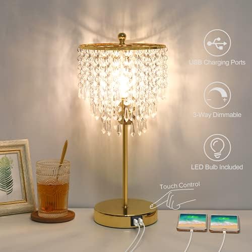 Touch Control Crystal Table Lamp with Dual USB Ports, 3-Way Dimmable Gold Lamp, Bedside Light with Crystal Shade, Girls Lamp for Bedroom, Living Room, Teens Room, Dresser, 6W LED Bulb Included