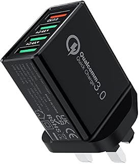 USB Plug Fast Charger UK, 4-Port Quick Charge 3.0 USB Wall Charger Power Adapter Fast Charging Multi USB Port Charger Output 2.4A for iPhone 14 13 12 11 SE Xs Max XR X 8 7 6 iPad, Samsung, LG,and More