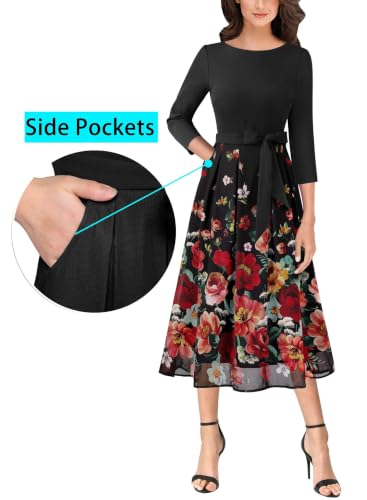 Image of VFSHOW Womens Work Business Casual Church Pockets Belted A-Line Midi Dress