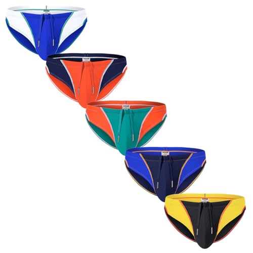 SUMABA Mens Swim Briefs with Drawstring Color Block Sexy Bikini Swimsuit Beach Swimwear Printed Male Bathing Suit 5 Pack XL