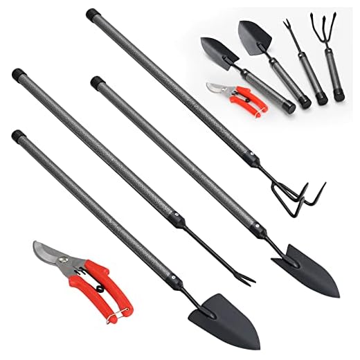 Garden Tools Set 5 Piece with Extended Handle, Heavy Duty Garden Tools Set, Ideal Gardening Tool Kit Gifts for Parents and Kids Including Trowels, Hand rake, Weeder, Pruning Shears
