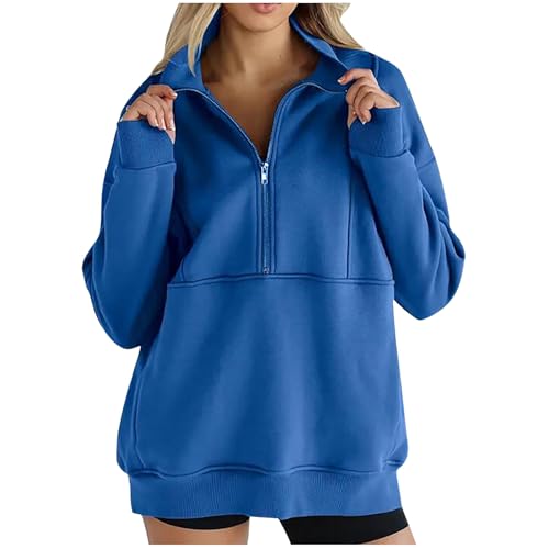 MaMiDay Quarter Zip Pullover Women Mock Neck Oversized Sweatshirts Casual Trendy Workout Hoodies Fall Fashion Outfits Blue