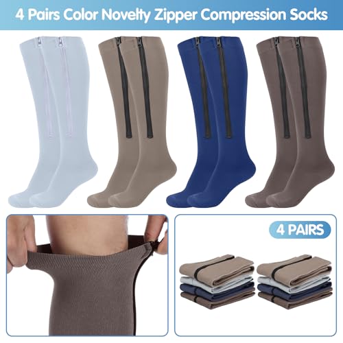 Image of Tarpop 4 Pairs Men Zipper Compression Socks Colorful 20-30mmhg Compression Stockings with Zipper for Men Women Swelling Edema
