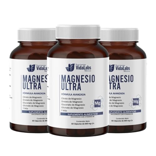 Vitamínicos, Magnesio Ultra Vida Labs 60 Capsulas por Frasco, Paquete de 3 o 6 Frascos - Magnesio de Amplio Espectro Calidad Premium - Contiene 5 Tipos de Magnesio +...