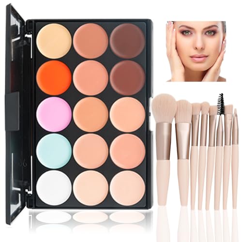 WishesMar Palette Correcteur de Teint 15 Couleur Makeup Concealer Correcteur Anti Cernes avec 10 pièces Pinceau de Maquillage pour un Usage Professionnel et...