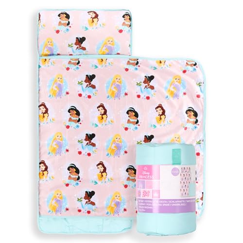 Jay Franco Kids Nap Mat Cartoon Embedded Pillow & Blanket Soft 46x20Microfiber Sleeping Bag with Name Tag & Handle for School Travel Sleepover Pink - Disney Princess