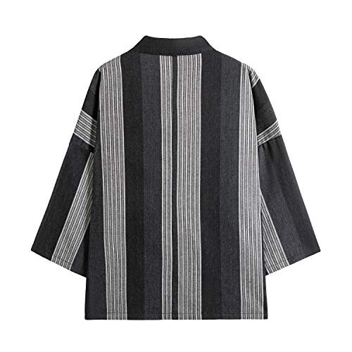 Image of Mens Japanese Kimono Cardigan Cotton Linen Haori Fashion 3 /4 Sleeve Yukata | Shawl Collar Kimono Jacket Robe Embroidery Patchwork Happi Coat Tie Pockets Lightweight Outerwear Daily Casual All Seasons