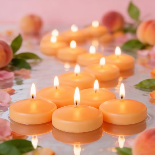 36 Packs 3 Inch Honey Peach Scented Floating Candles 8-10 Hours Burn Time Sweet Peach Highly Scented Floating Candles for Home Pool Bathtub Relaxation Party Centerpiece